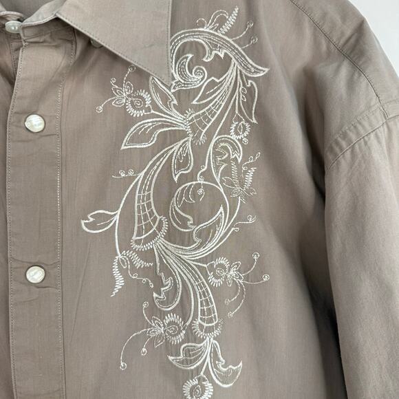 ACORN Bob Goldfeder Mens Pearl Snap Long Sleeve Shirt Embroidered Tan Beige XXL - Picture 4 of 12